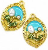 2pc 31x21mm Enameled Oval Flower Pendants, Gold/Blue