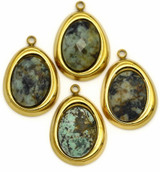 1pc 24x17mm Stainless Steel & African "Turquoise" Jasper Faceted Slanted Oval Pendant, Gold