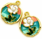 2pc 24x19mm Enameled Floral Semi-Round Pendants, Gold/White/Teal/Orange