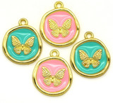 4pc 21x18mm Enameled Butterfly Semi-Round Charm Set, Pink/Blue/Gold