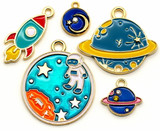 5pc Enameled Space & Rocket Charm Set, Gold