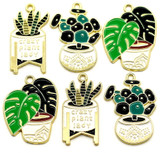 6pc Enameled Potted Plants Charm Set, Green/Gold