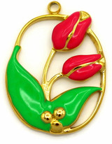 23x17mm 18k Gold-Plated Stainless Steel Enameled Tulip Oval Pendant, Pink