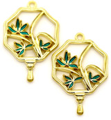 2pc 33x22mm Enameled Leafy Octagonal Charms, Green/Gold