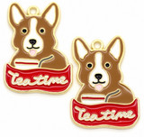 2pc 30x22mm "Teatime" Corgi Dog Charms, Brown/Red/Gold