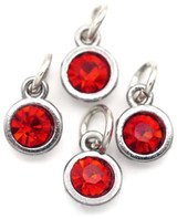 4pc 10x7mm Faceted Rhinestone Round Birthstone Charms, July: Antique Silver/Ruby