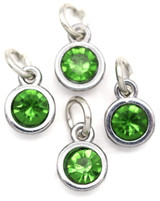 4pc 10x7mm Faceted Rhinestone Round Birthstone Charms, August: Antique Silver/Peridot