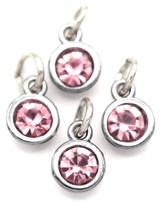 4pc 10x7mm Faceted Rhinestone Round Birthstone Charms, October: Antique Silver/Pink Tourmaline