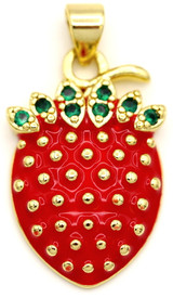 Approx. 23x15mm Brass & Cubic Zirconia Enameled Strawberry Pendant, Gold