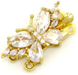 23x12mm 18k Gold-Plated Brass & Cubic Zirconia Double Strand Butterfly Box Clasp, Crystal/Gold
