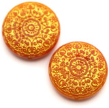 2pc 18mm Glass Medallion-Style Coin Beads, Orange w/Gold