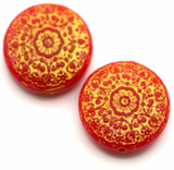 2pc 18mm Glass Medallion-Style Coin Beads, Opaque Red w/Gold