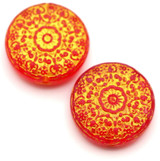 2pc 18mm Glass Medallion-Style Coin Beads, Transparent Red w/Gold