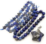 Sodalite & Lapis Lazuli Star Bundle: 7" Strand 6mm Lapis Round Beads, 7" Strand 6mm Lapis Star Beads & 23x21mm Sodalite Star Pendant