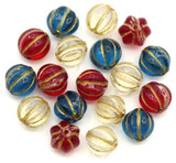 18pc 8mm Glass Fluted Melon Beads, Red/White/Blue w/Gold Wash