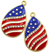 2pc 33x20mm Enameled U.S. Flag Teardrop Pendant w/Rhinestone Accents, Red/White/Blue/Gold