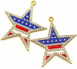2pc 45x41mm Enameled U.S. Flag Star Pendant w/Rhinestone Accents, Red/White/Blue/Gold