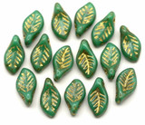 5-Gram Bag (Approx. 15pc) 6x12mm Czech Pressed Glass Bay Leaf Beads, Opaque Turquoise w/Picasso & Gold Wash