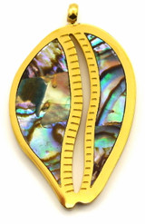 28x17mm  Stainless Steel & Abalone (Assembled) Cowrie Shell Pendant, Gold