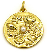 20x19mm Brass Round Seaside Pendant w/Faux Pearl Accent, Gold