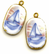 29x16mm Oval Pendant w/Sailboat Scene, White/Blue/Gold