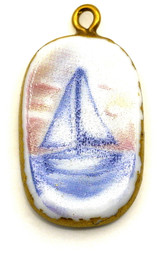 29x16mm Oval Pendant w/Sailboat Scene, White/Blue/Gold
