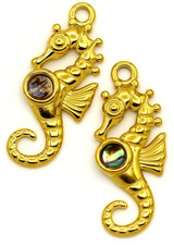 32x13mm Stainless Steel Seahorse Pendant w/Abalone Shell Accent, Gold