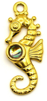32x13mm Stainless Steel Seahorse Pendant w/Abalone Shell Accent, Gold