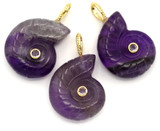 1pc 33x21mm Brass & Amethyst Nautilus Shell Pendant w/Cubic Zirconia Accent, Gold ( See Photos for Variation)