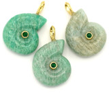 1pc 33x21mm Brass & Amazonite Nautilus Shell Pendant w/Cubic Zirconia Accent, Gold ( See Photos for Variation)