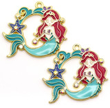 2pc 28x33mm Enameled Mermaid Pendants w/Rhinestone Accents, Gold/Blue/Red