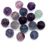 4pc 10mm Rainbow Fluorite Carved Flower Round Beads