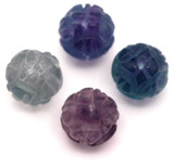 4pc 10mm Rainbow Fluorite Carved Flower Round Beads
