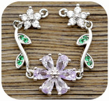 60x12mm Brass & Cubic Zirconia Articulated Flower Pendant Link, Silver w/Purple & Crystal