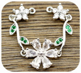 60x12mm Brass & Cubic Zirconia Articulated Flower Pendant Link, Silver w/Crystal