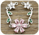 60x12mm Brass & Cubic Zirconia Articulated Flower Pendant Link, Silver w/Pink & Crystal