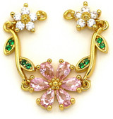 60x12mm Brass & Cubic Zirconia Articulated Flower Pendant Link, Gold w/Pink & Crystal