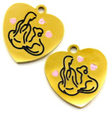 2pc 15mm 18k Gold-Plated Stainless Steel & Enameled Girl w/Dog Heart Charm, Pink