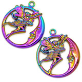 2pc 31x27mm Moon & Fairy Pendant, Rainbow Iris