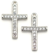 2pc 16x10mm Brass & Cubic Zirconia Cross Pendants, Silver