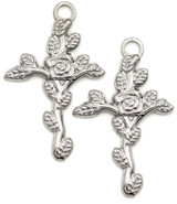 2pc 30x19mm Stainless Steel Cross w/Rose Pendants
