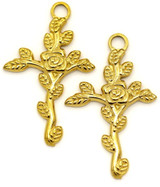 2pc 30x19mm Stainless Steel Cross w/Rose Pendants, Gold