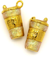 15x10mm 18k Gold-Plated Stainless Steel & Enameled White Glitter "Cafe" Cup Pendant