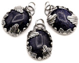 Approx. 30x21mm Brass & Blue Goldstone (Man-Made)Art Nouveau Oval Pendant, Antique Silver