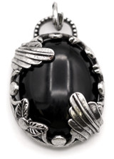 Approx. 30x21mm Brass & Obsidian Art Nouveau Oval Pendant, Antique Silver