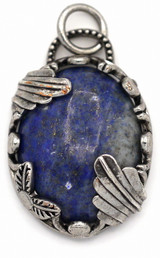 Approx. 30x21mm Brass & Lapis Lazuli Art Nouveau Oval Pendant, Antique Silver