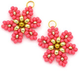 2pc 20x18mm Seed Bead Flower Pendant, Coral Pink w/Gold