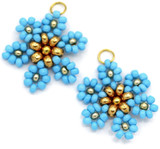 2pc 20x18mm Seed Bead Flower Pendant, Sky Blue w/Gold