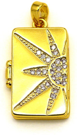 24x15mm 18k Gold-Plated Brass & Cubic Zirconia Sun-Patterned Rectangle Locket Pendant