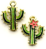 16x13mm Brass Enameled Cactus Charm, Gold w/Green